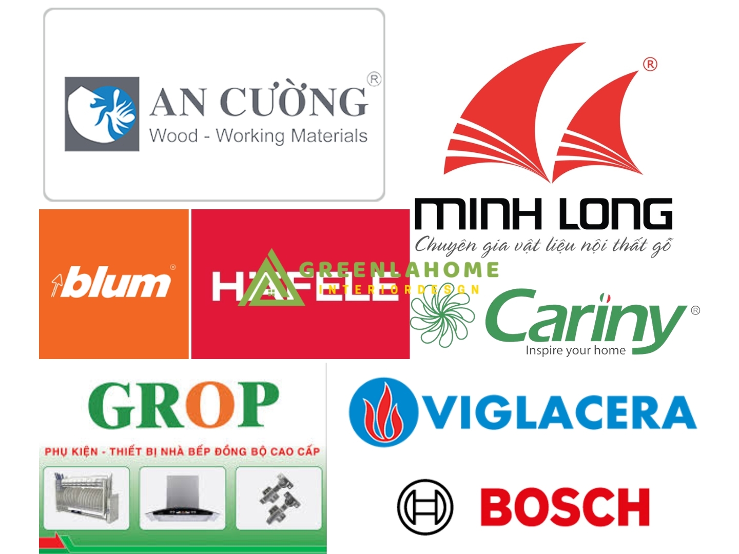 Logo đối tác cung cấp vật liệu nội thất uy tín của Greenlahome: An Cường, Minh Long, Blum, Hafele...